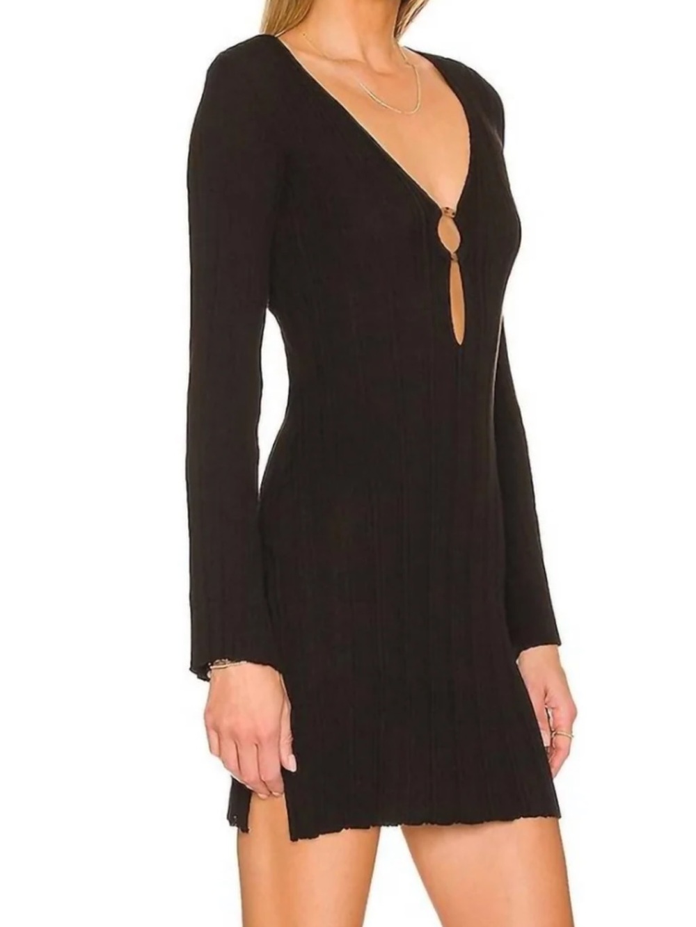 L*SPACE Black Long-Sleeve Ribbed Mini Dress Wailea cover up small